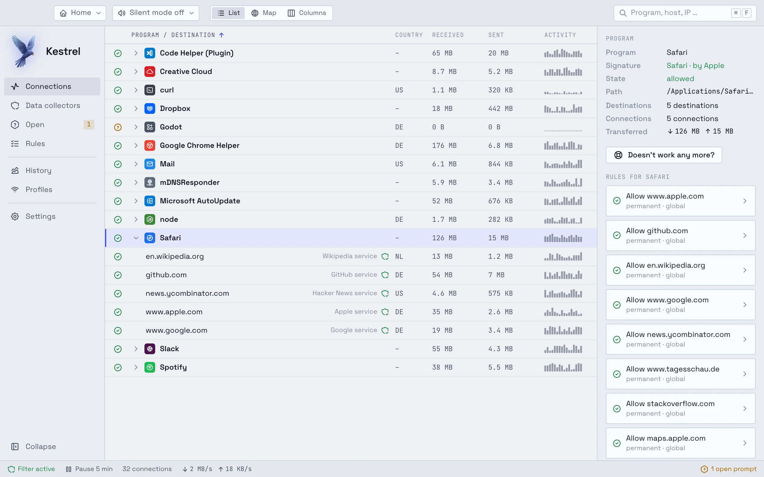 The main window of Kestrel: the areas on the left, the connections of all programs with country, received and sent data in the middle, and the details of Safari with its rules on the right.