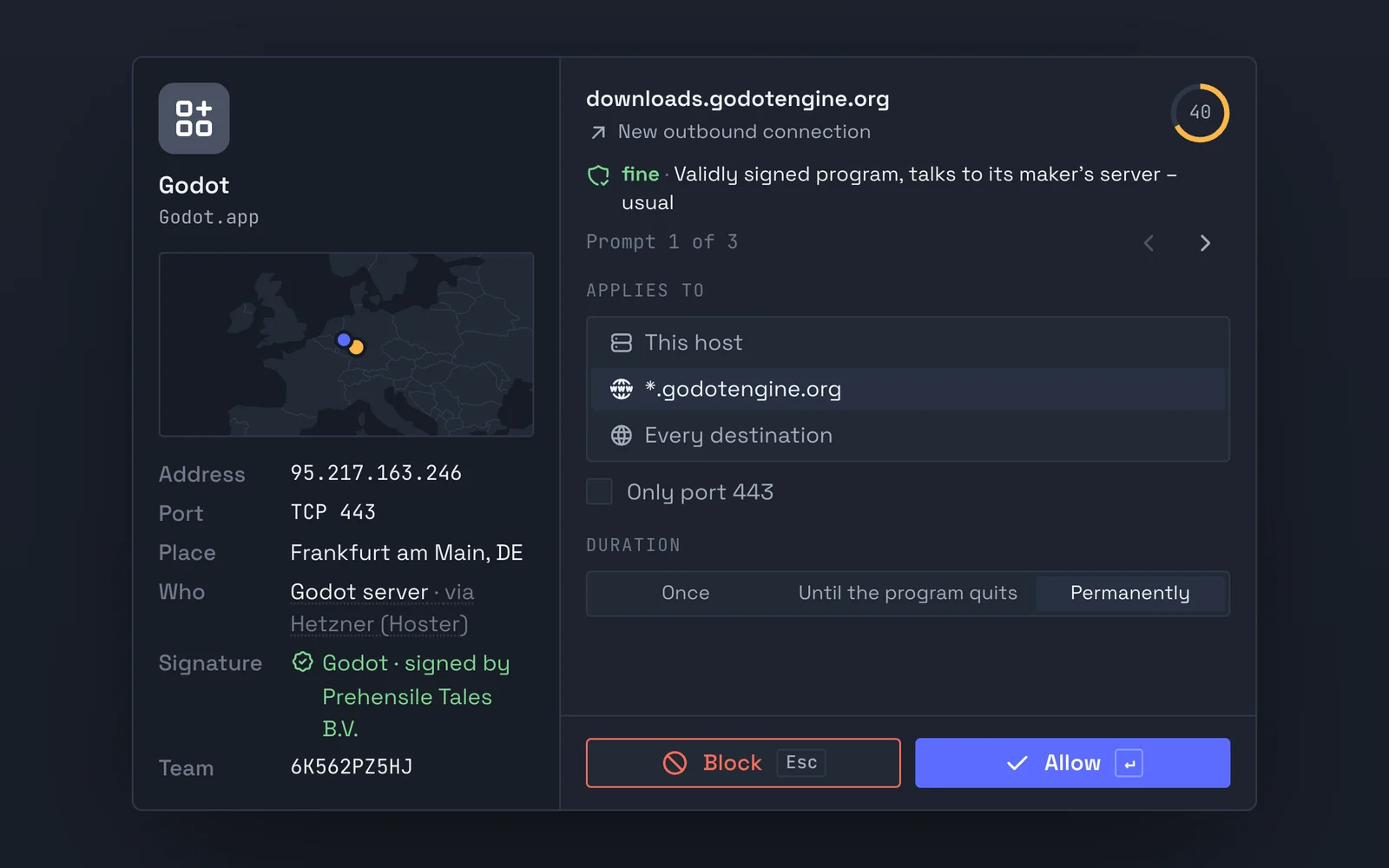 A prompt for Godot: program, map, address, operator and signature on the left; on the right the choice of what the answer applies to and for how long, with the buttons Block and Allow.